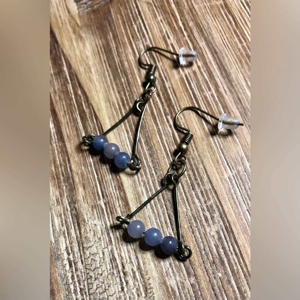Antique Brass And Purple Beaded Triangular Beaded Earrings